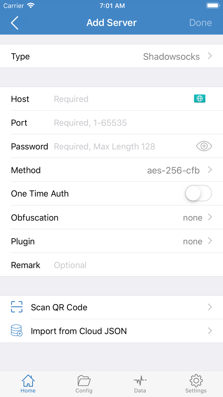 Shadowrocket Add Server screenshot showing Type, Host, Port, Password, Method, Scan QR Code, and Import from Cloud JSON