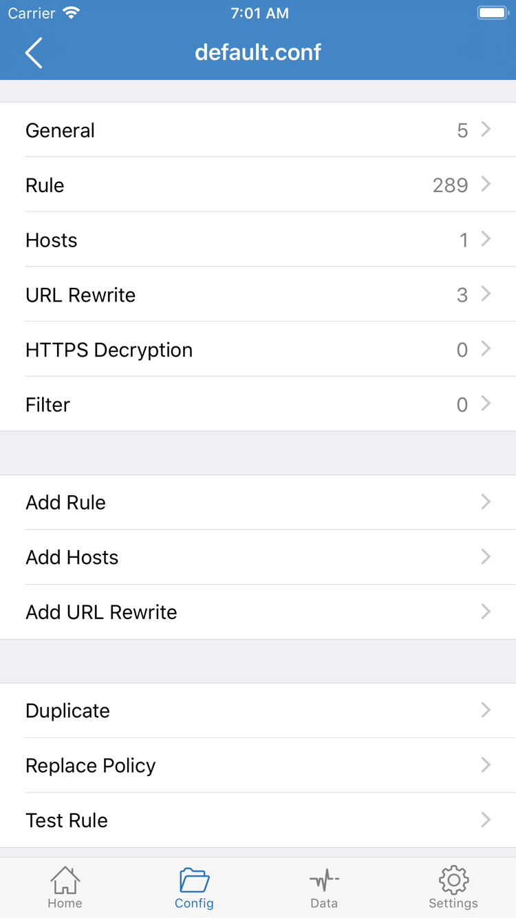 Shadowrocket Config screenshot showing General, Rule, Hosts, URL Rewrite, HTTPS Decryption, and Add Rule
