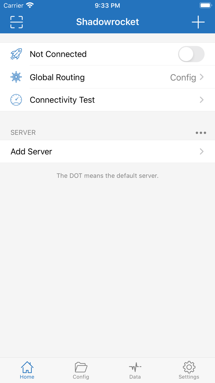 Shadowrocket Home screenshot showing Not Connected, Global Routing Config, Connectivity Test, SERVER, and Add Server