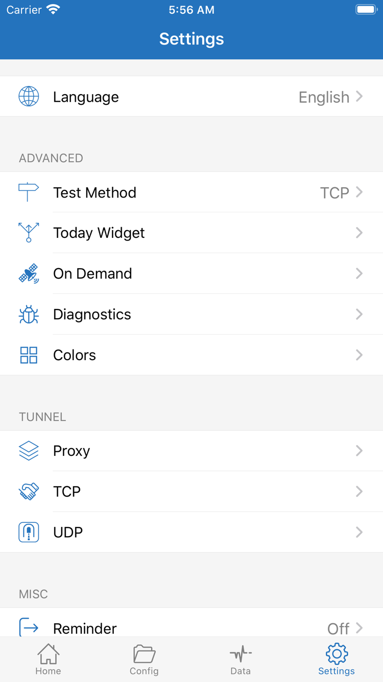 Shadowrocket Settings screenshot showing Language, Test Method, Today Widget, On Demand, Diagnostics, Proxy, TCP, and UDP
